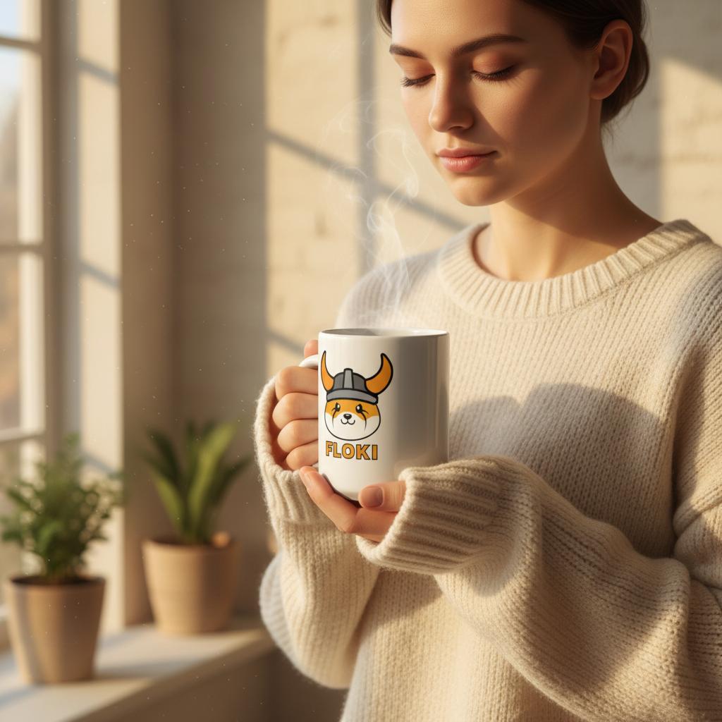 Woman holding a mug with a character design and text, standing in a warm, sunlit room.