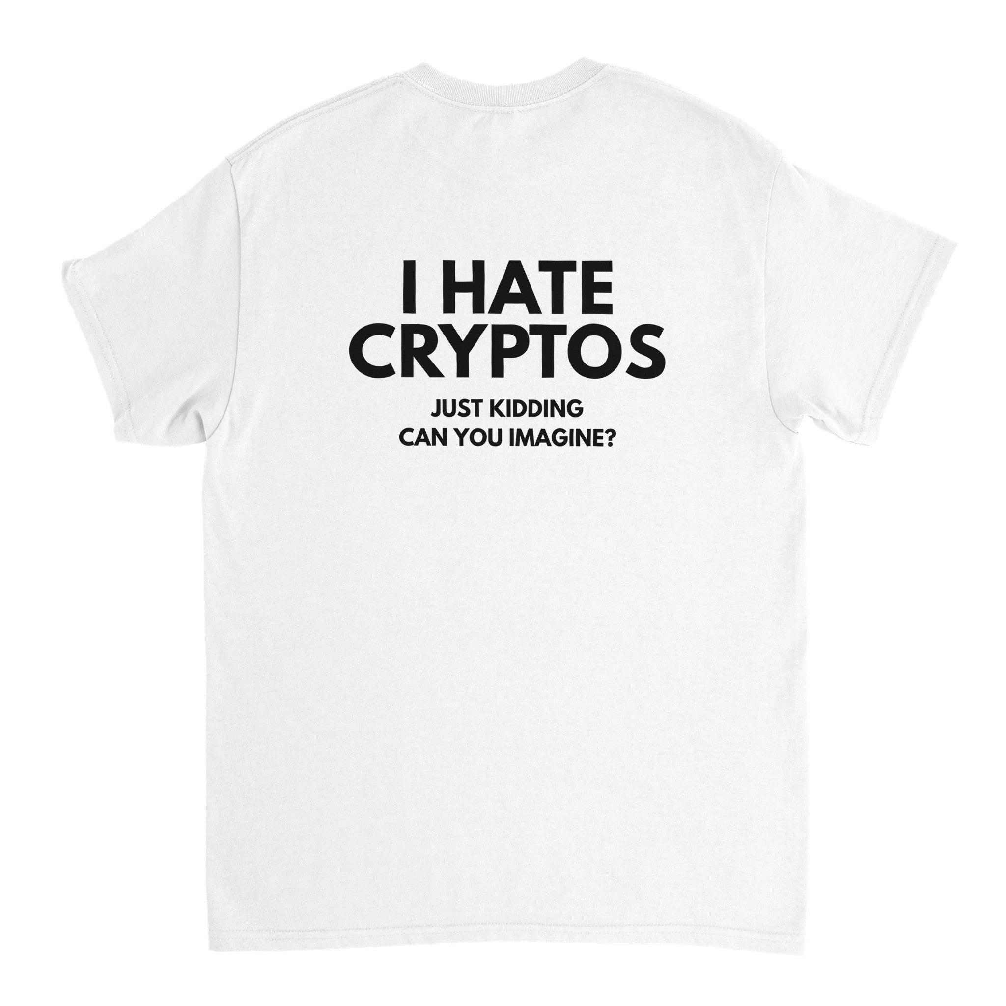 White t-shirt with black text on a white background