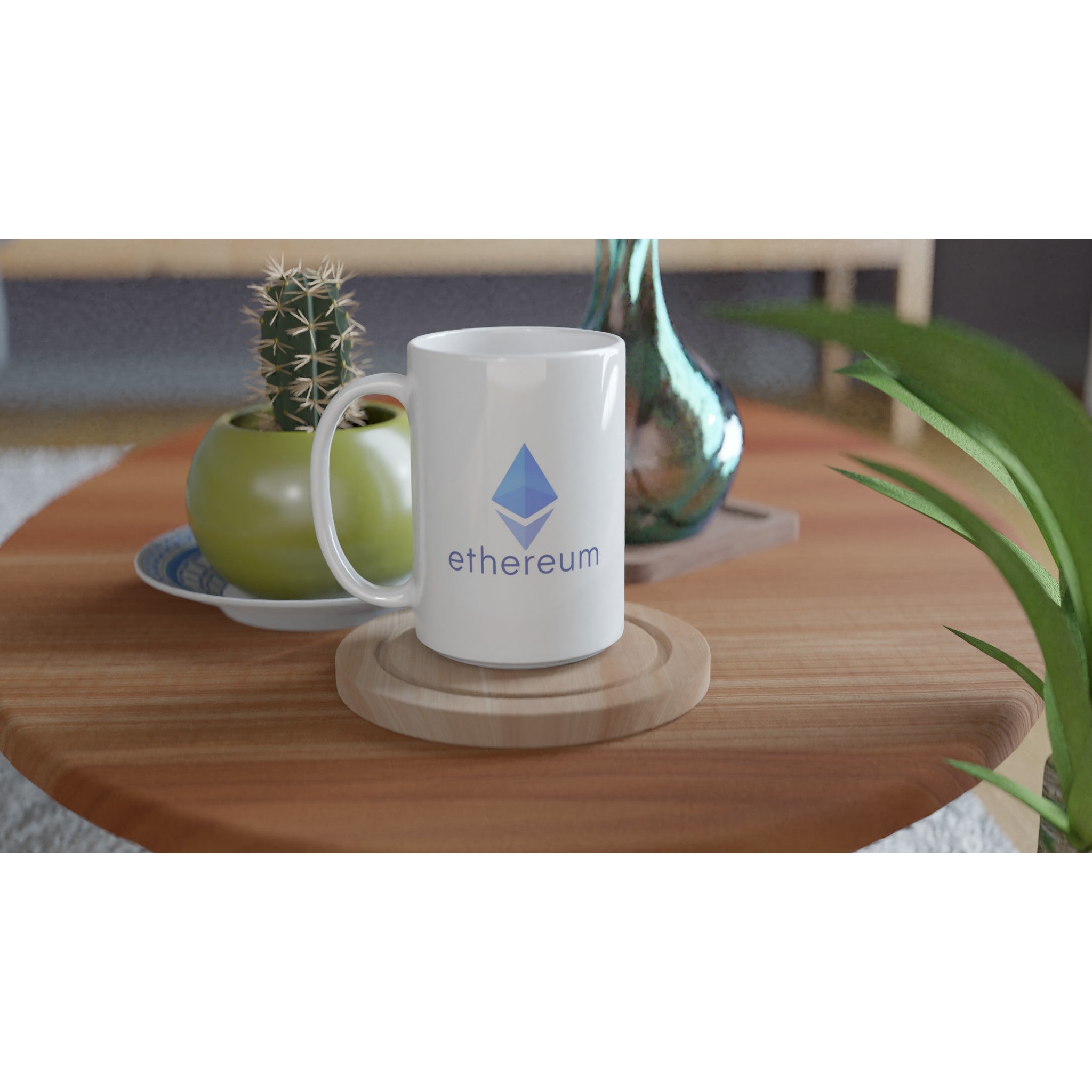 Ethereum mug on a wooden table with decorative items