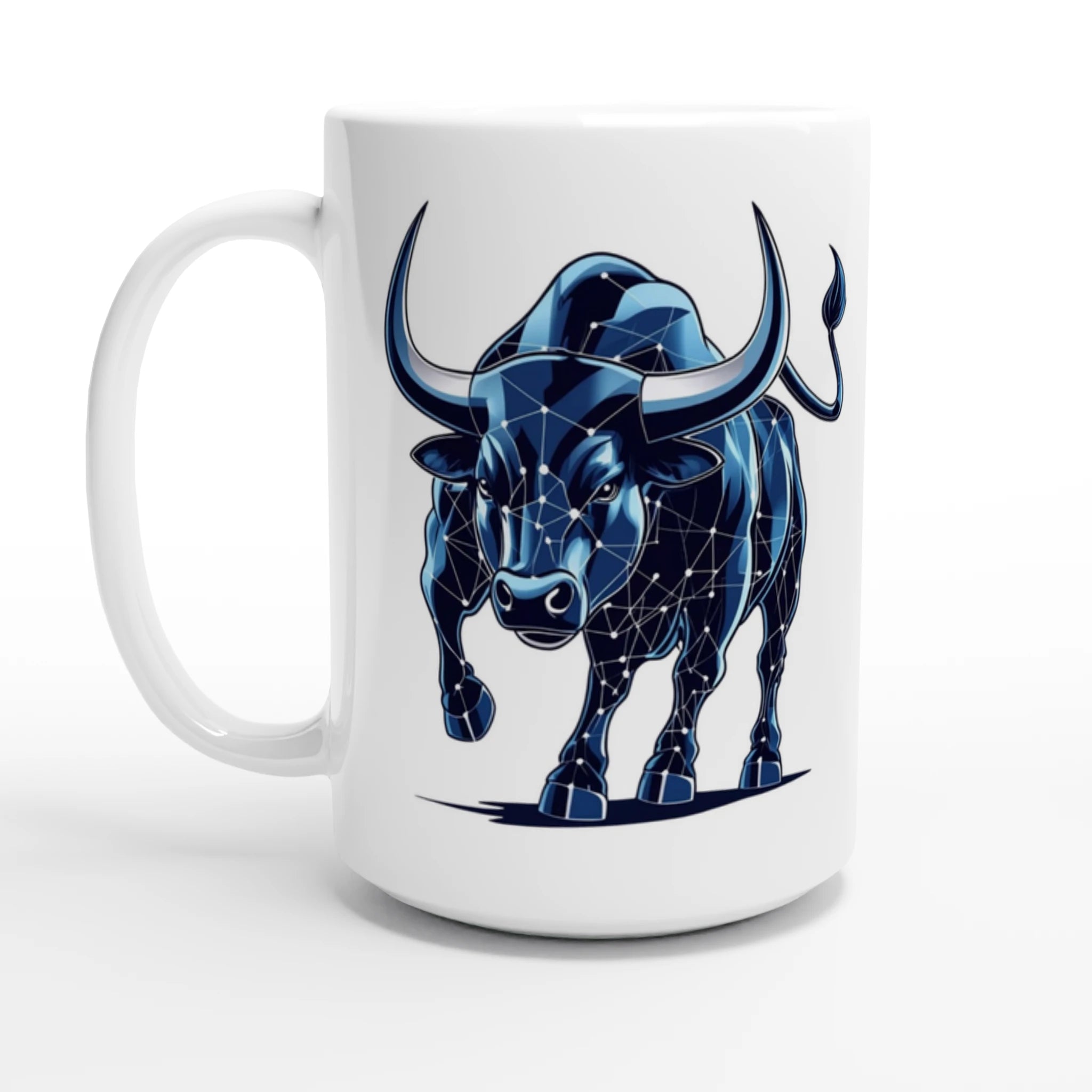 White mug with a blue bull design on a white background