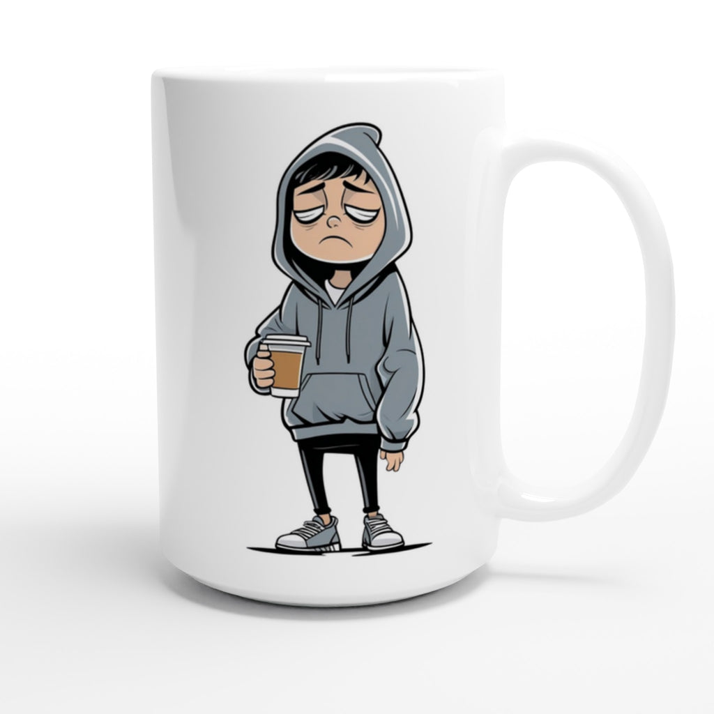 Mug with a cartoon character wearing a hoodie and holding a coffee cup on a white background