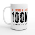 White mug with Bitcoin-themed text on a white background