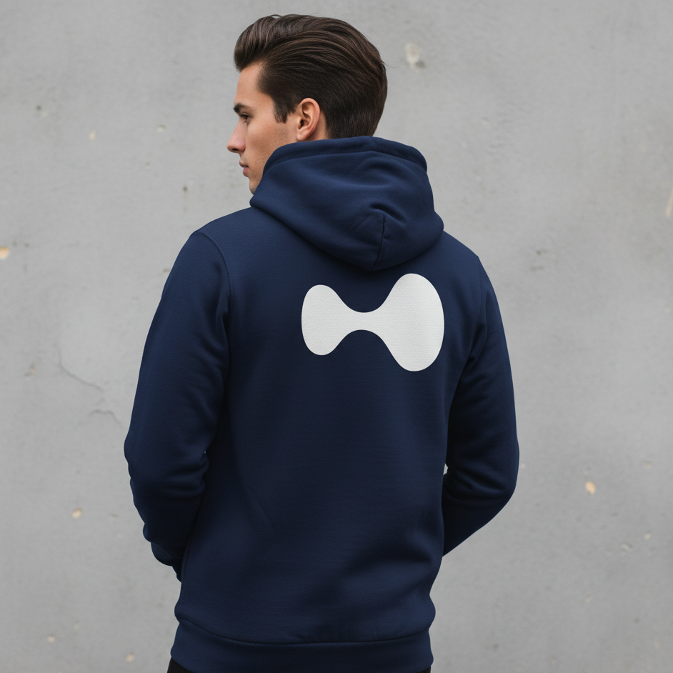 Man wearing a navy blue hoodie with a white logo on the back against a gray wall.