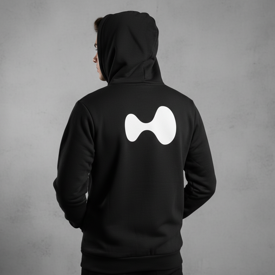 Person wearing a black hoodie with a white logo on the back against a gray background