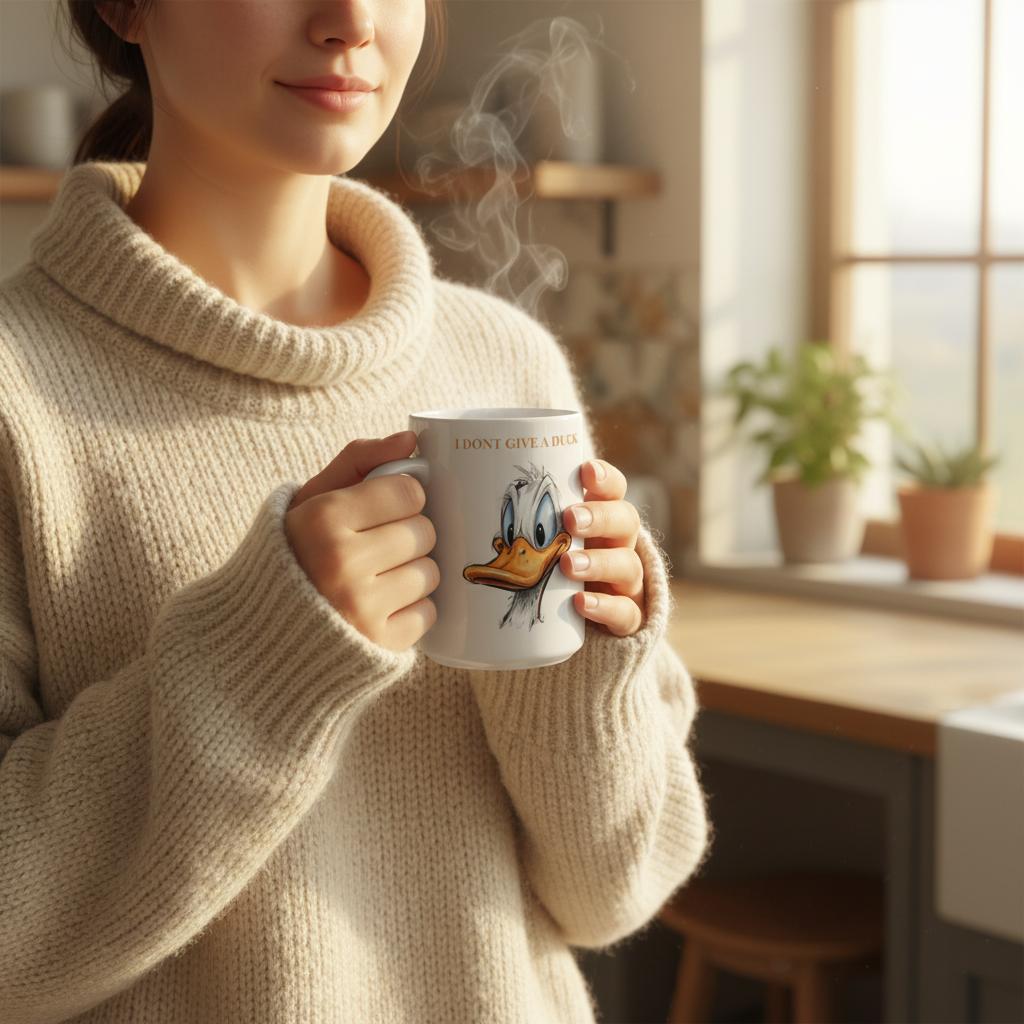 Person wearing a beige sweater holding a mug with a cartoon character, in a warm indoor setting.