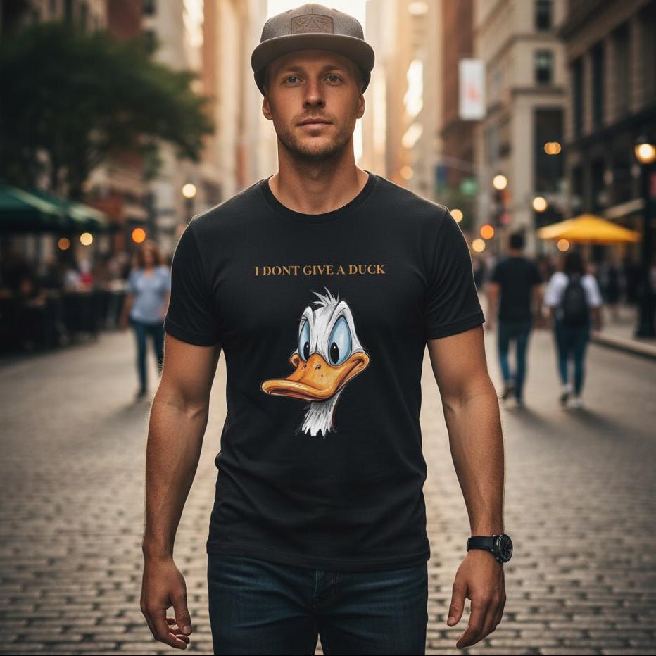 Man wearing a black t-shirt with a cartoon duck design on a city street.