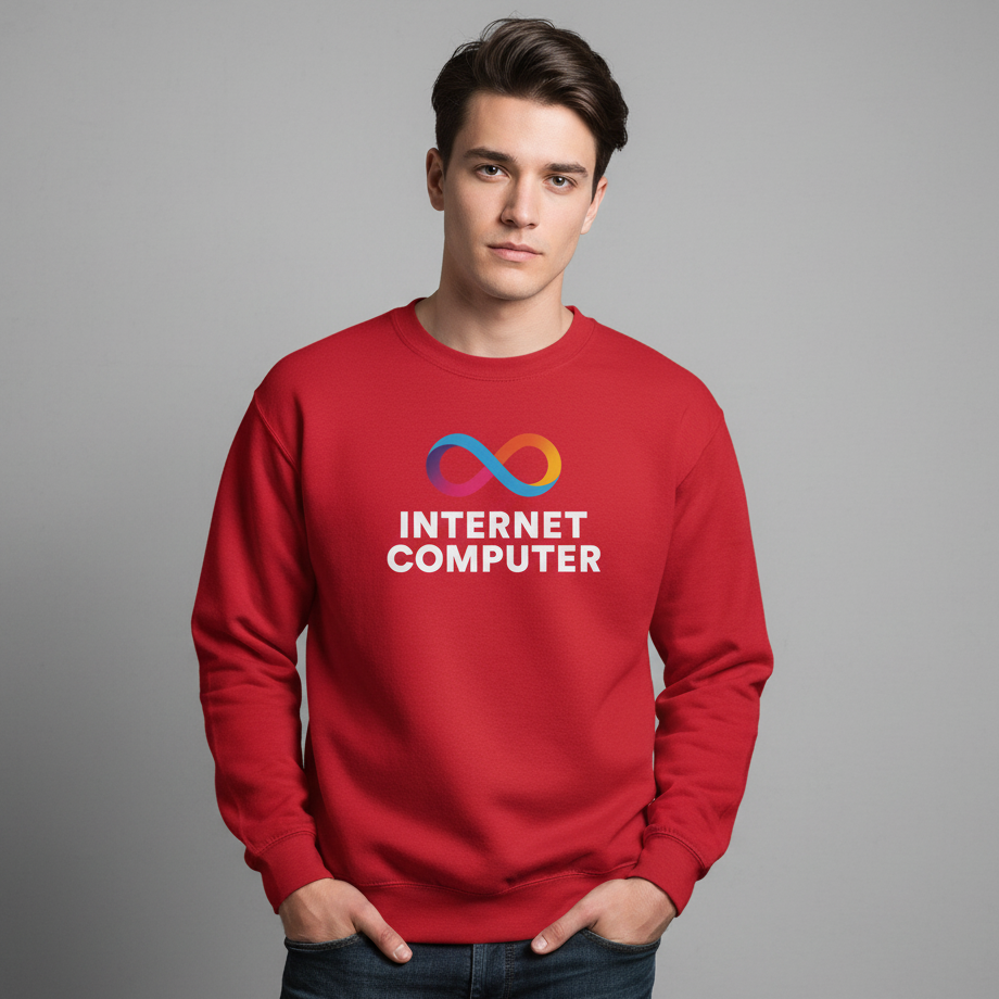 Person wearing a red sweatshirt with 'Internet Computer' logo on a gray background