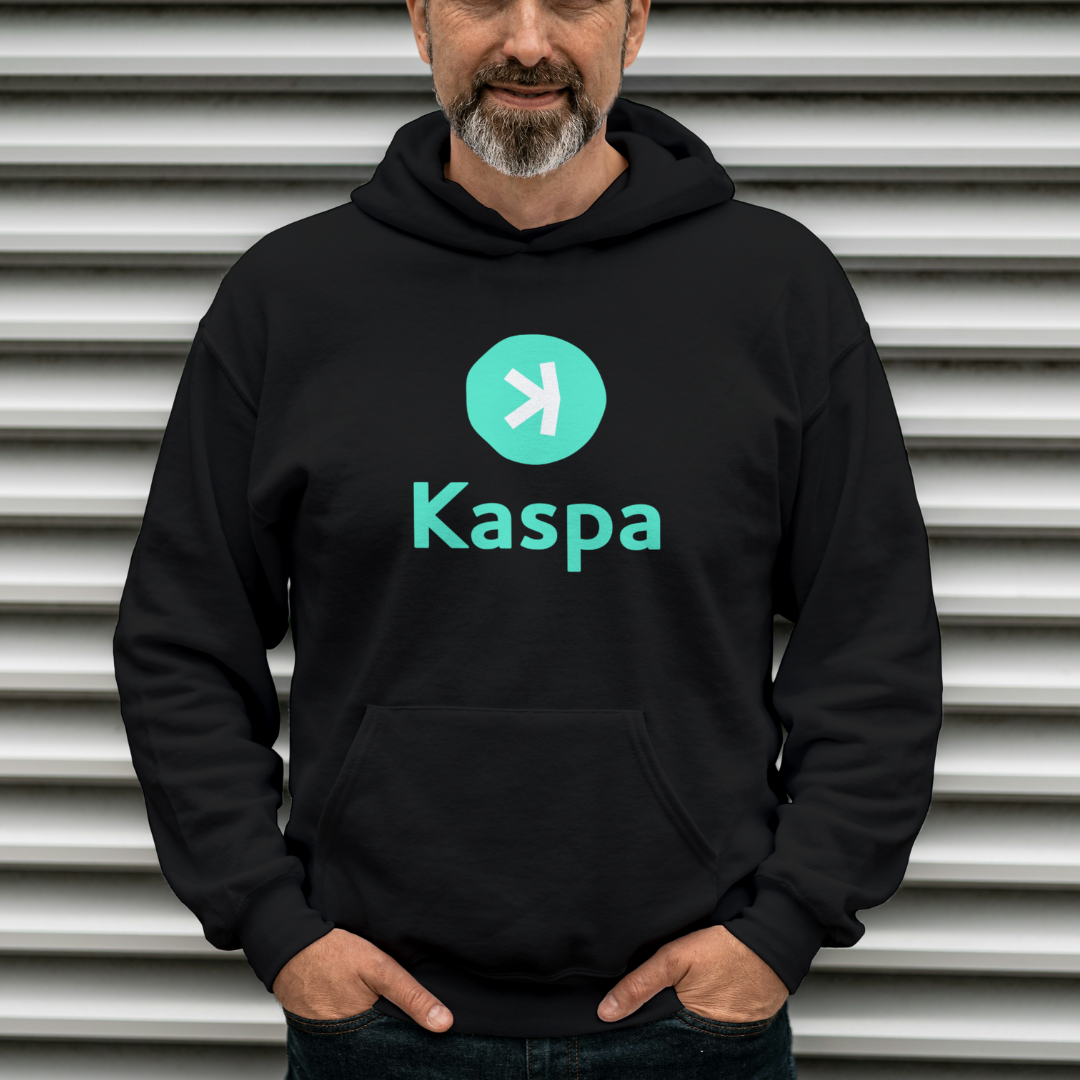 Man wearing a black hoodie with Kaspa logo against a metallic background
