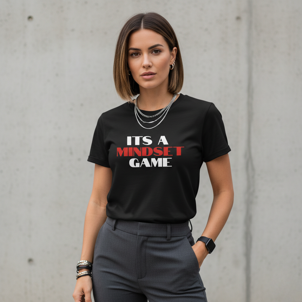 Woman wearing a black t-shirt with 'IT'S A MINDSET GAME' text against a gray concrete wall.