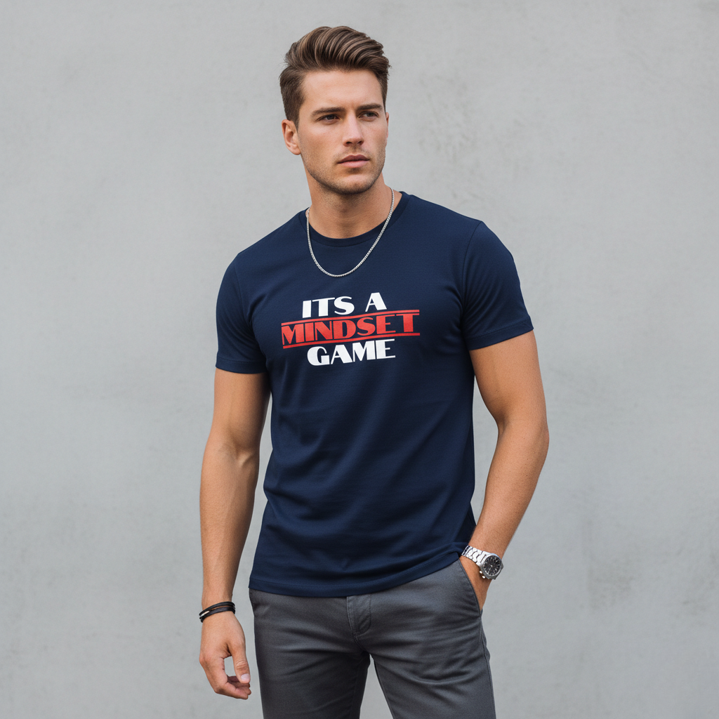 Man wearing a navy blue t-shirt with motivational text on a gray background