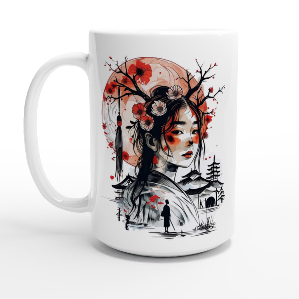 White mug with a design of a woman with flowers in her hair and cherry blossoms on a white background