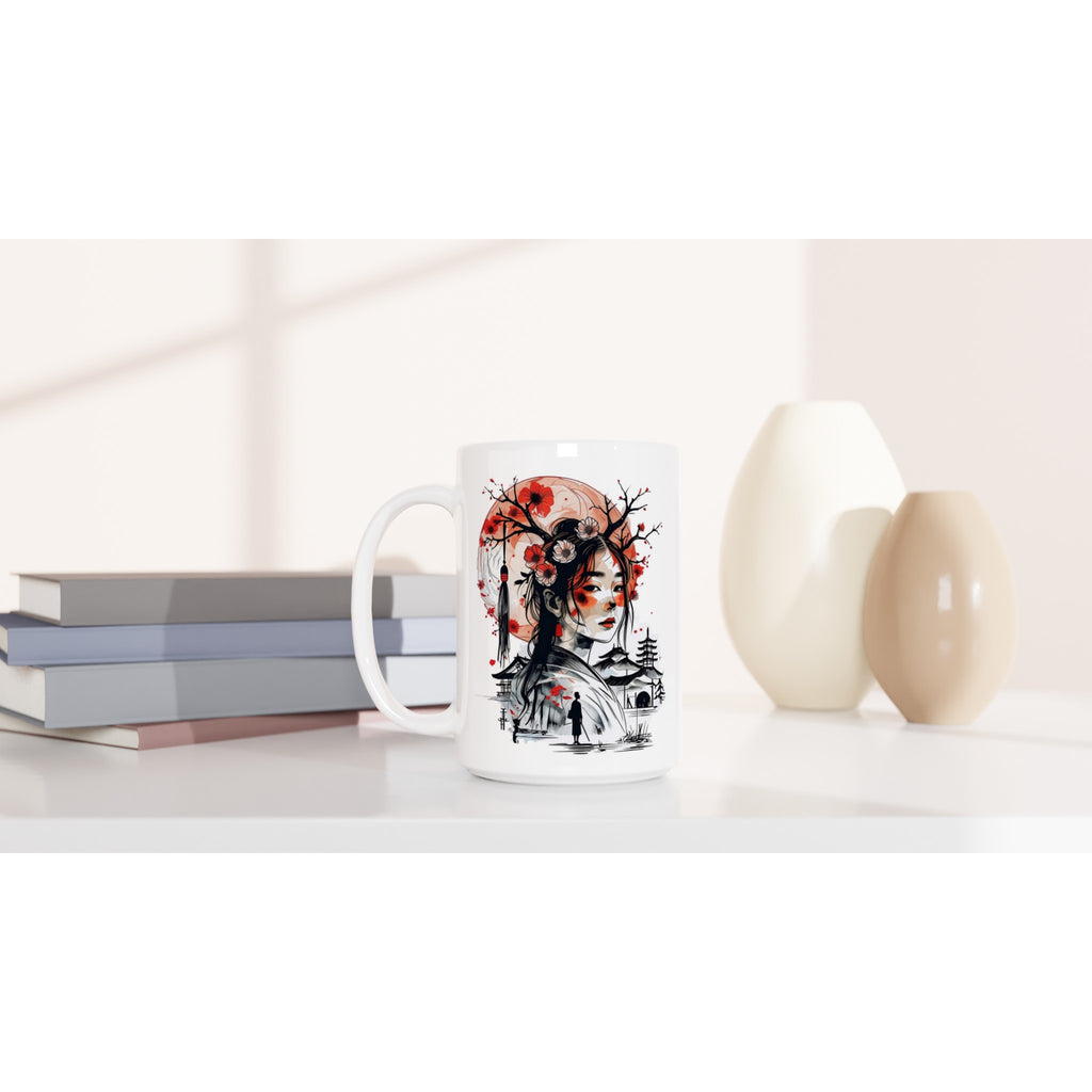 White mug with a decorative design on a white surface with books and decorative items.