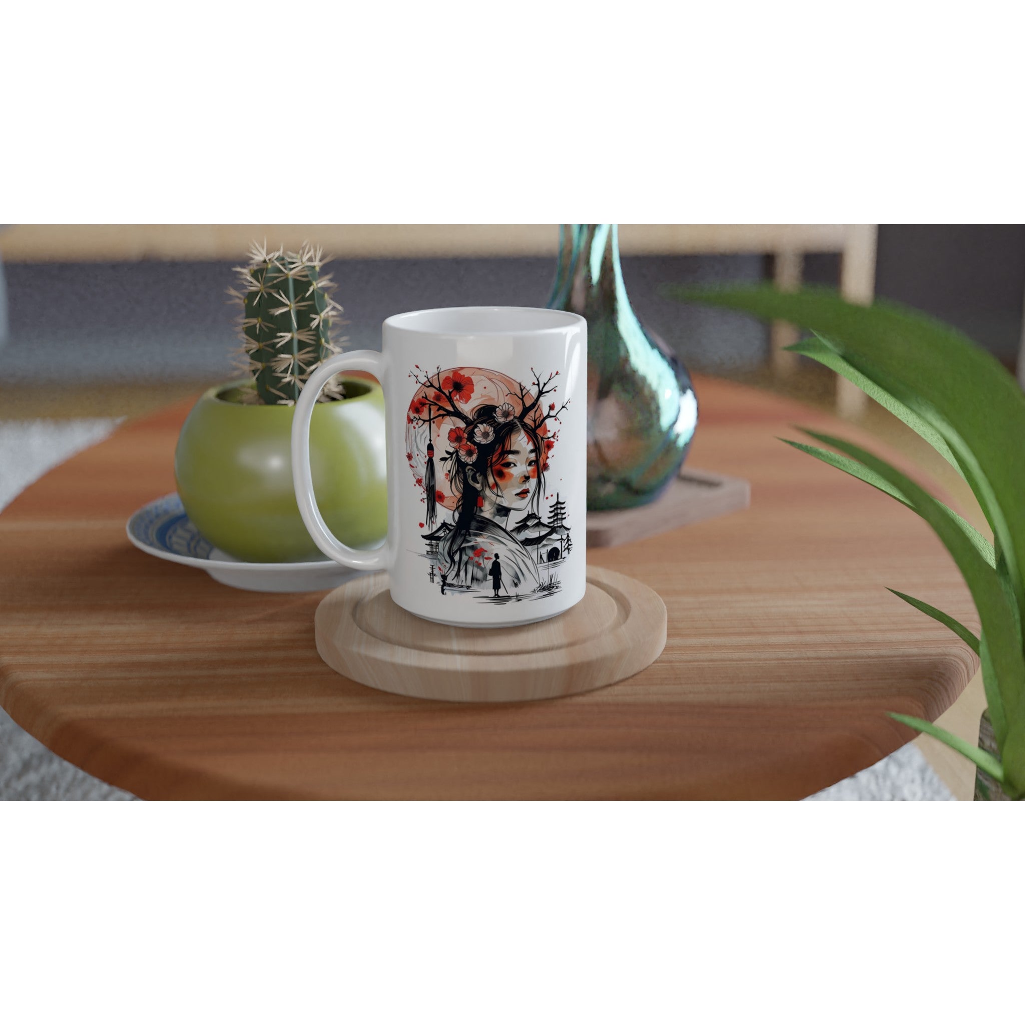 White mug with a design on a wooden table with plants