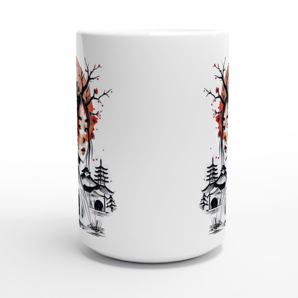 White mug with autumn-themed design featuring trees and birds on a white background