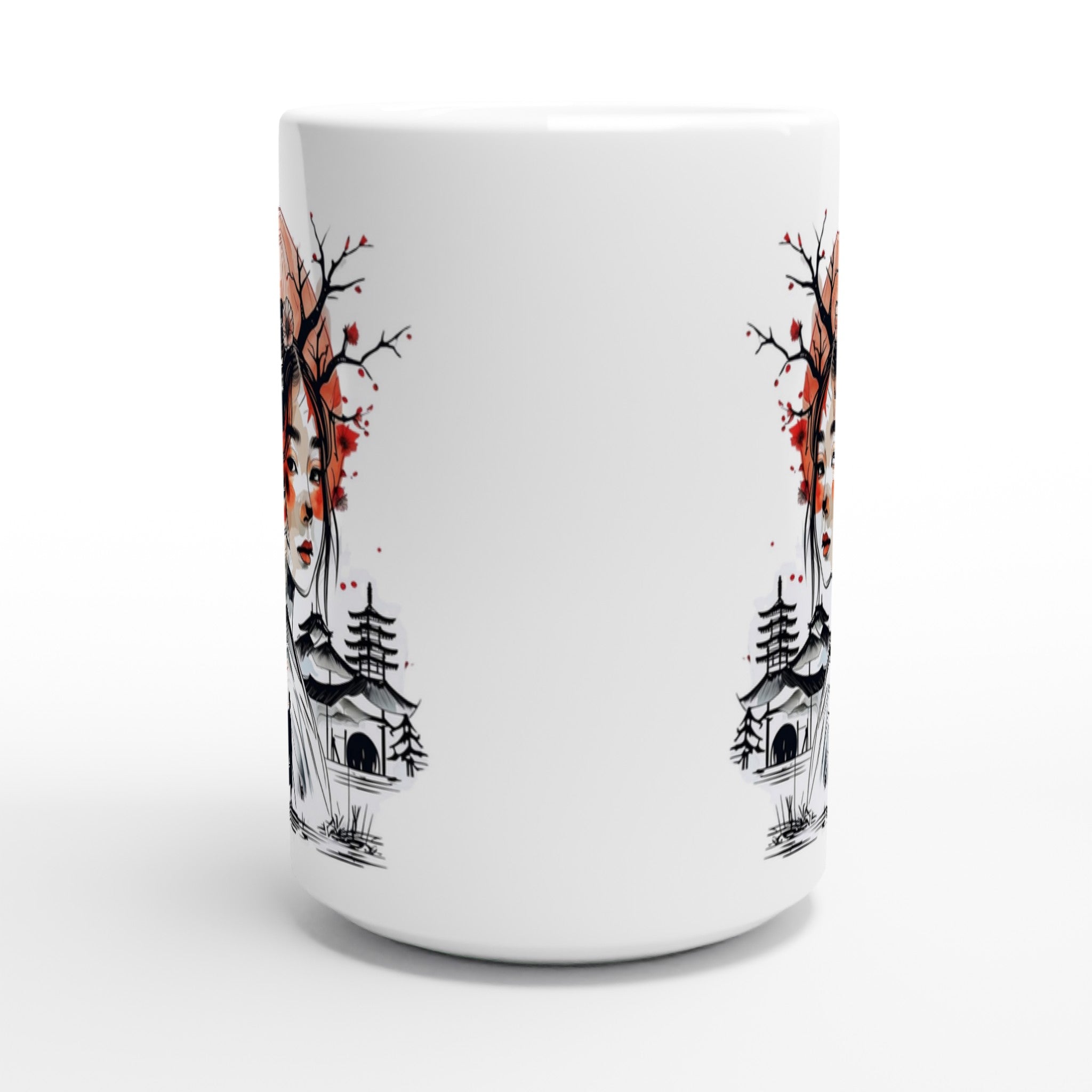 White mug with autumn-themed design featuring trees and birds on a white background