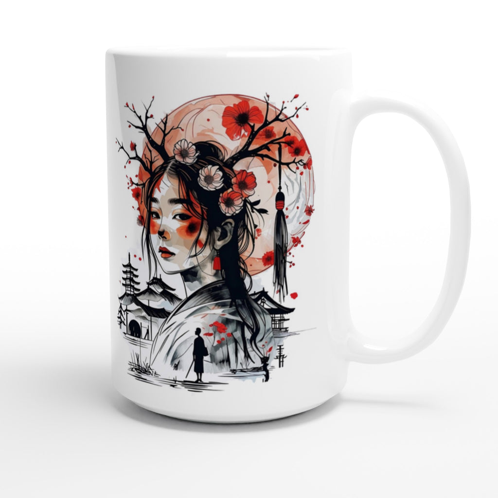 White mug with artistic design of a woman, flowers, and a silhouette on a white background