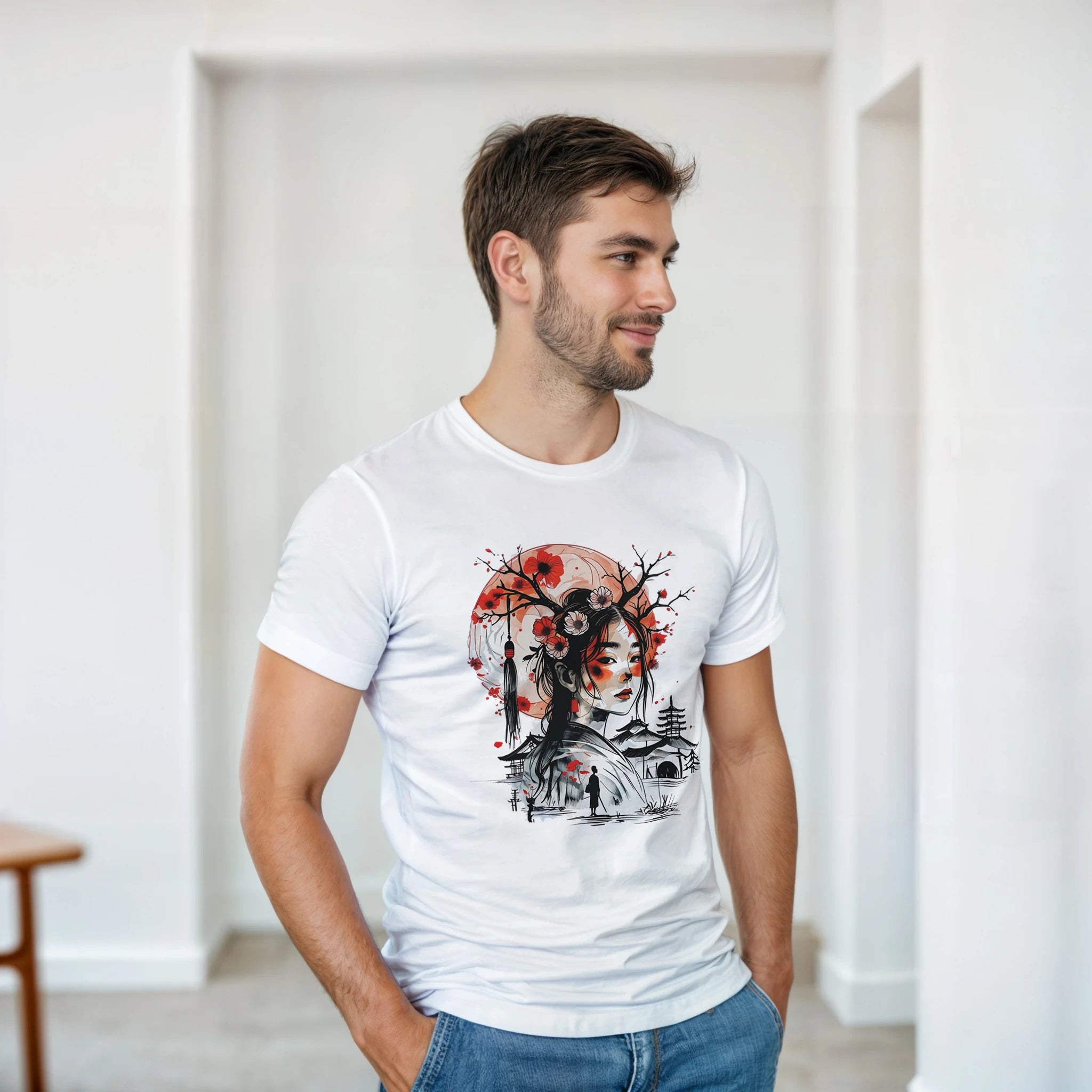 Man wearing a white t-shirt with a graphic design in a minimal indoor setting