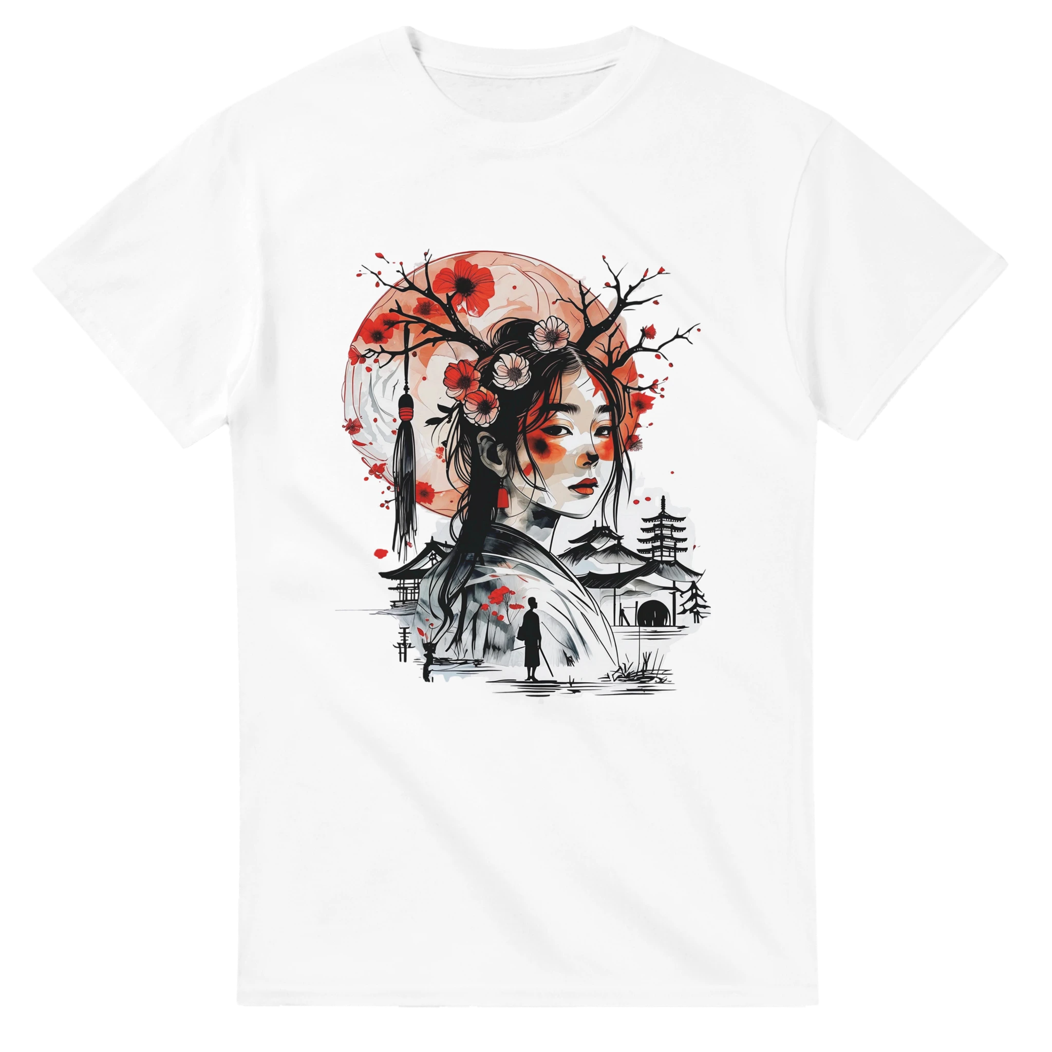 White t-shirt with a graphic design of a woman with antlers, flowers, and a silhouette of a person walking.