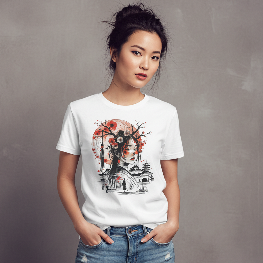 Woman wearing a white t-shirt with a graphic design against a gray background