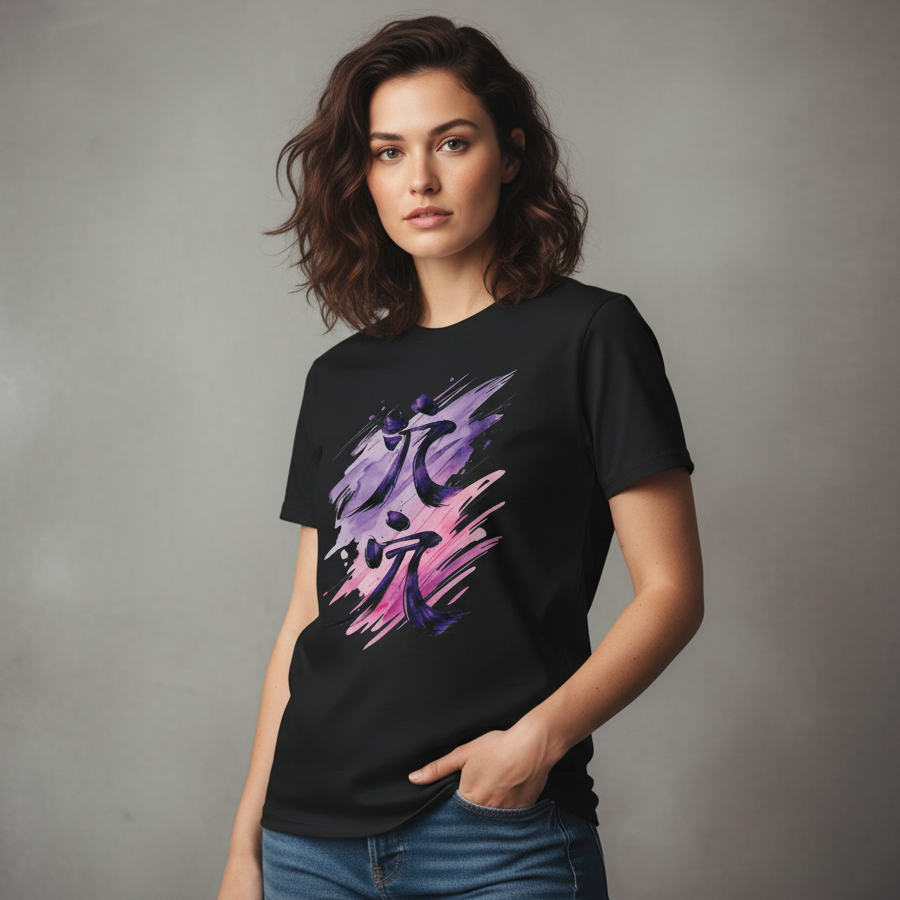 Woman wearing a black t-shirt with a colorful abstract design on a gray background