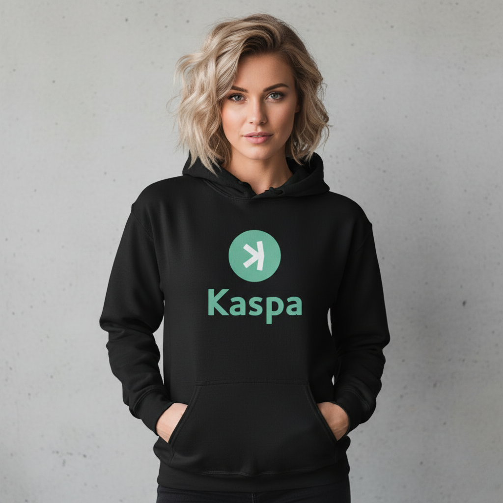 Person wearing a black hoodie with Kaspa logo on a gray background