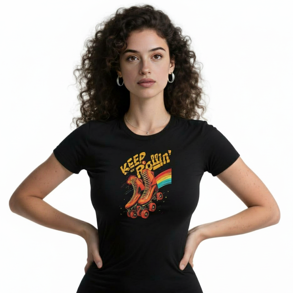 Woman wearing a black t-shirt with a graphic design and text.