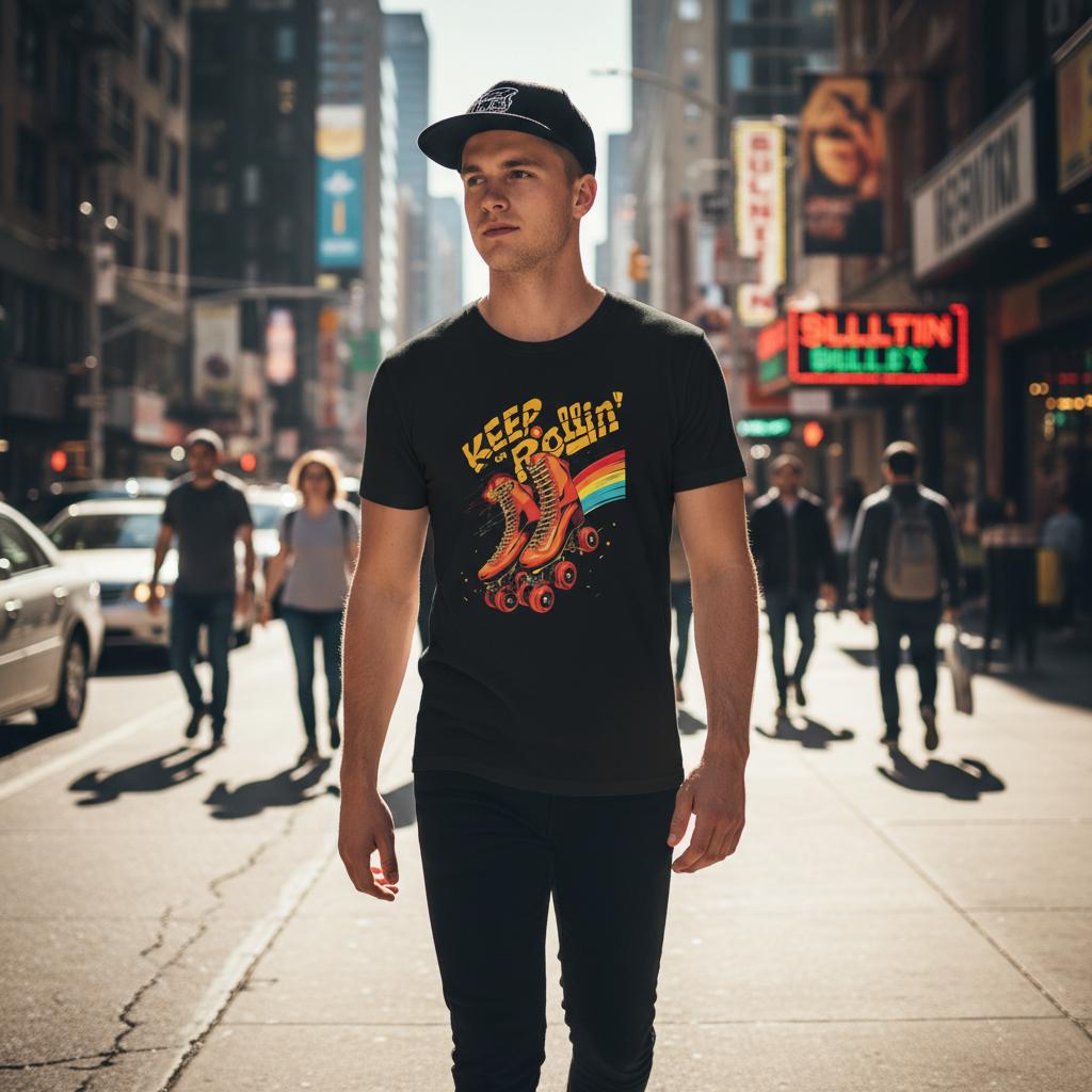Man wearing a black t-shirt with colorful graphic and text on a city street.