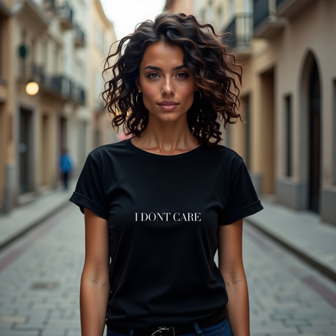 Woman wearing a black t-shirt with 'I DON'T CARE' text on a street.