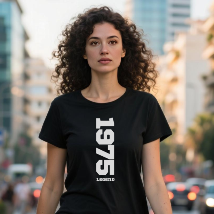 Woman wearing a black t-shirt with '1975 Legend' text on a city street.