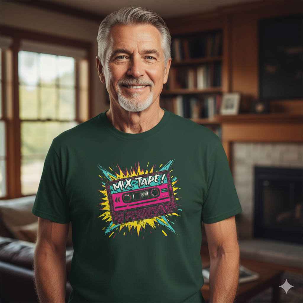 Man wearing a green t-shirt with a colorful 'Mix Tape!' design in a living room.