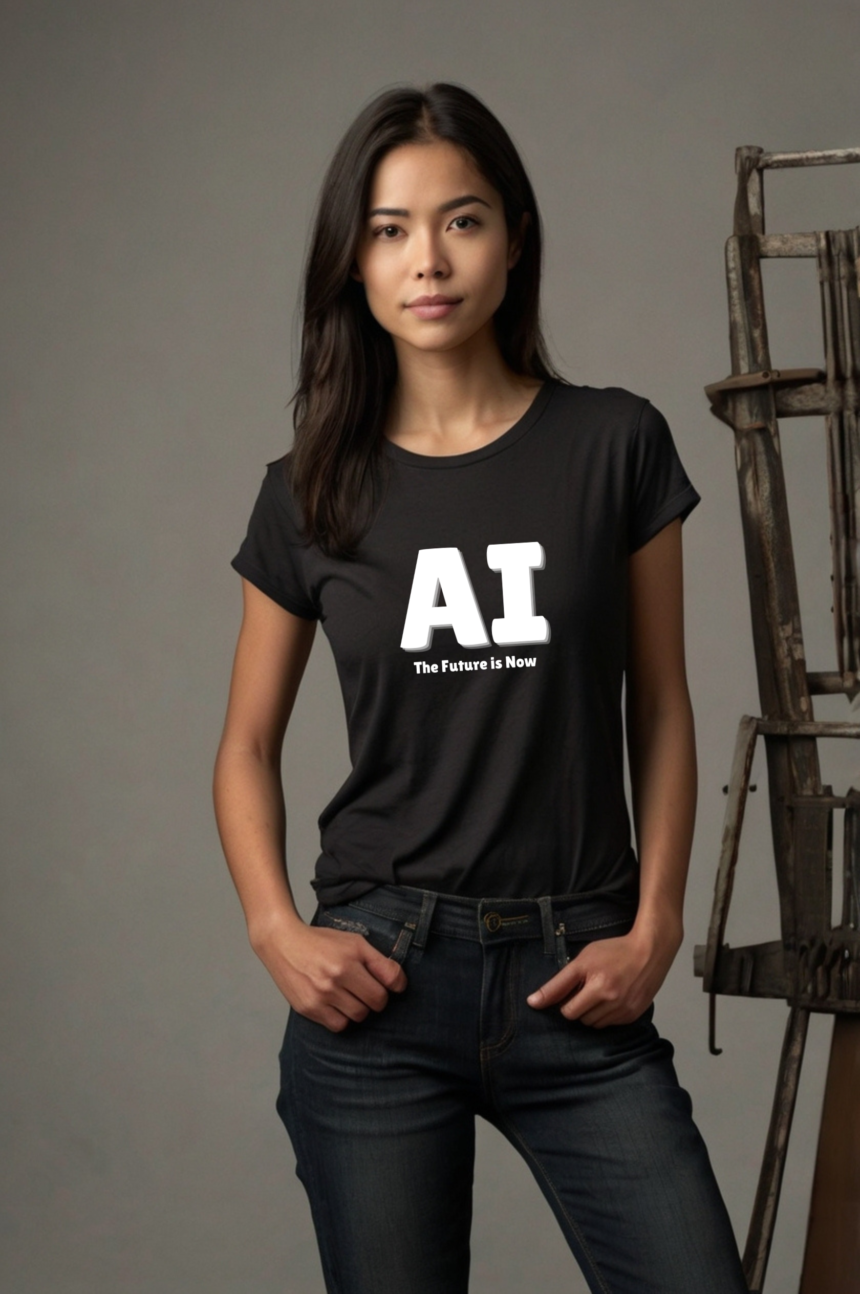 Woman wearing a black t-shirt with 'AI The Future is Now' text against a gray background