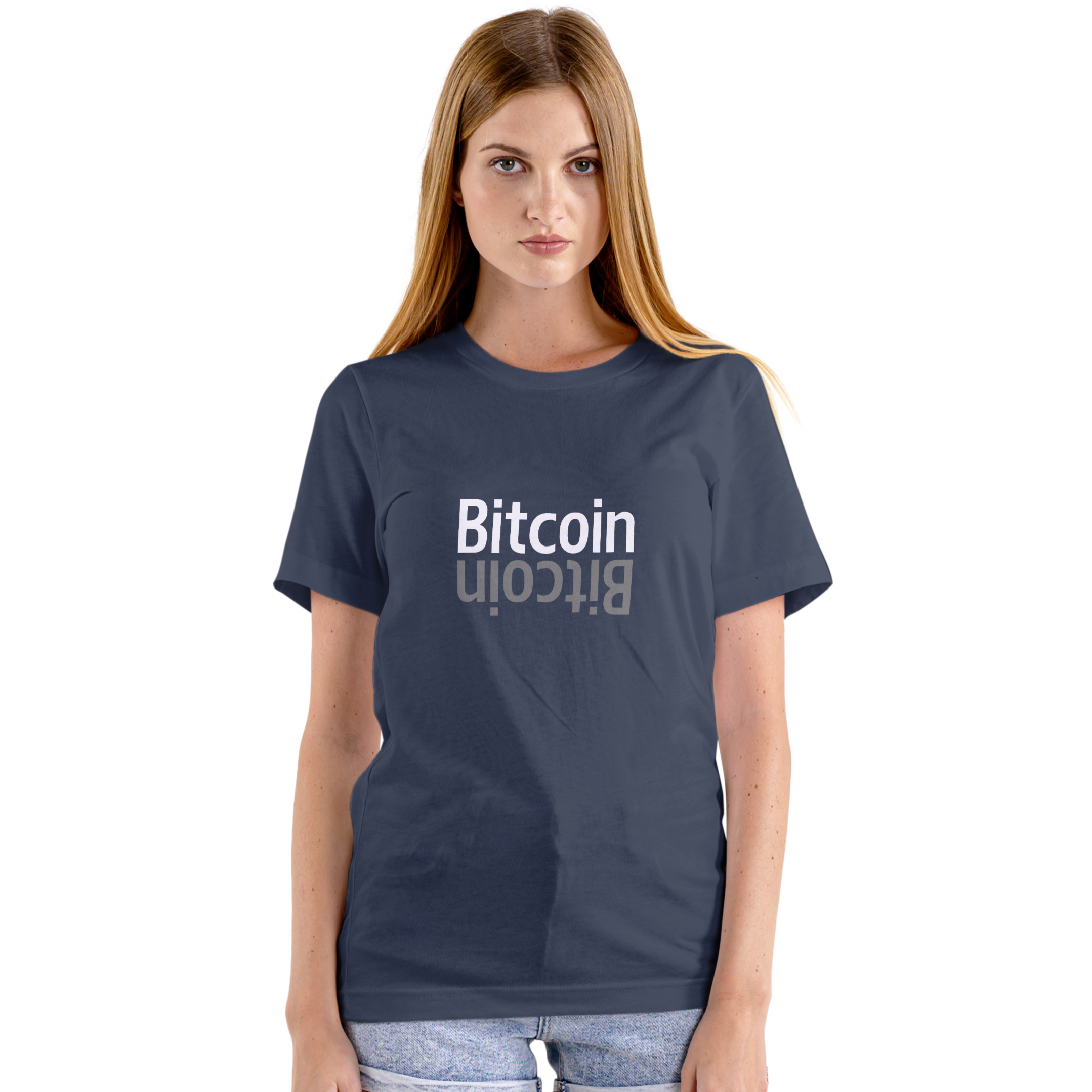 Woman wearing a navy blue t-shirt with 'Bitcoin' printed on it against a white background