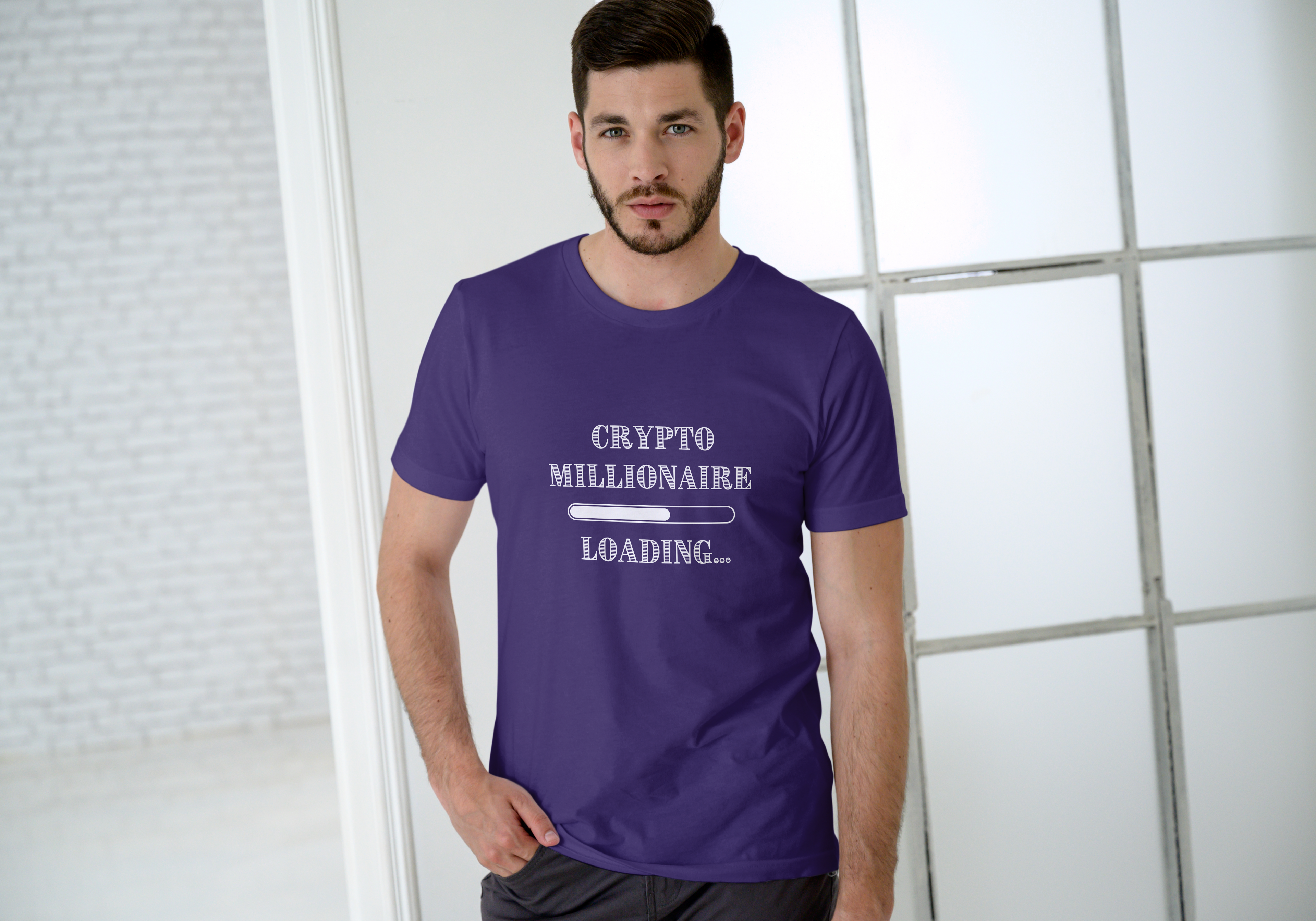 Man wearing a purple t-shirt with 'Crypto Millionaire Loading' text.