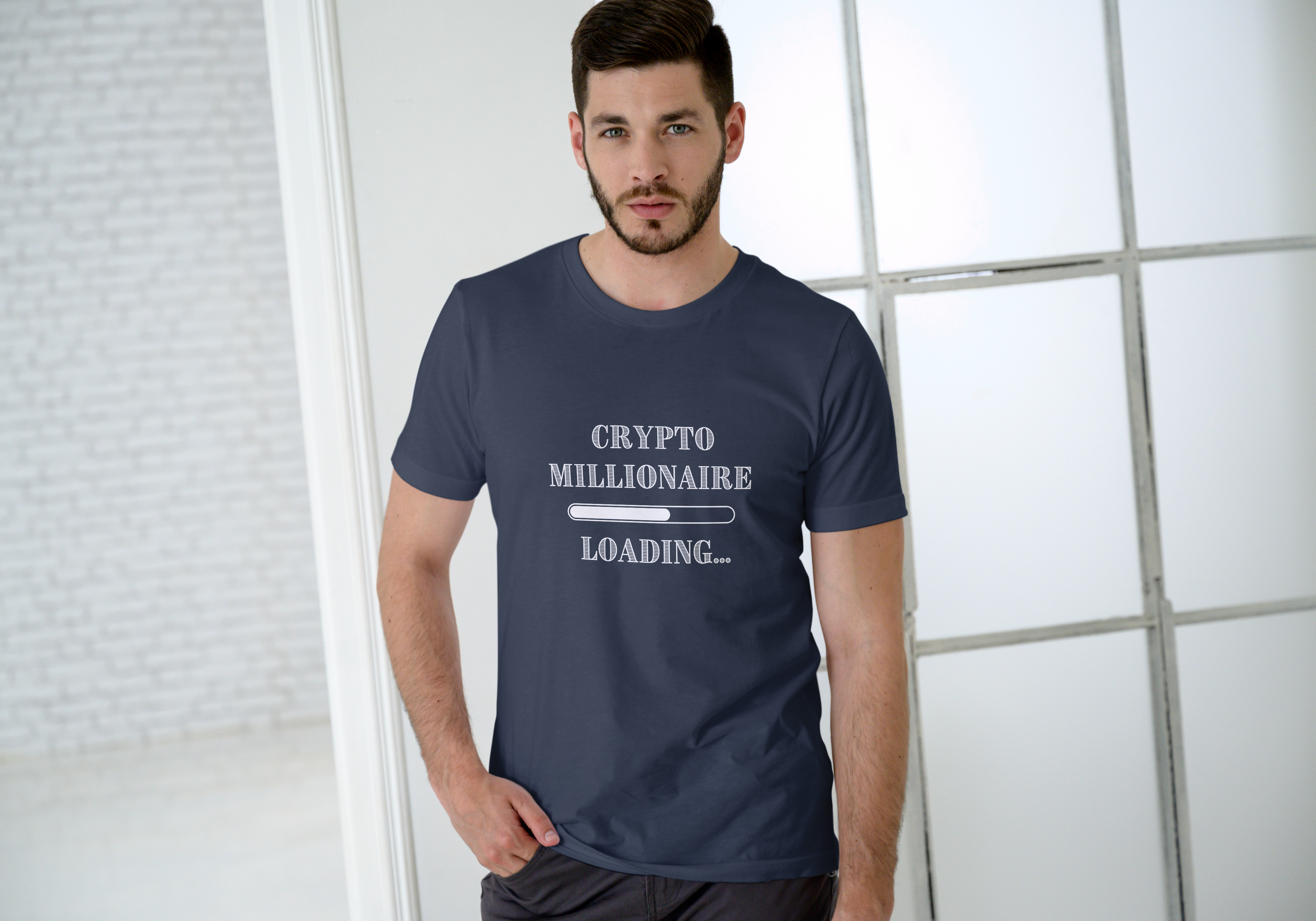 Man wearing a navy blue t-shirt with 'Crypto Millionaire Loading' text.