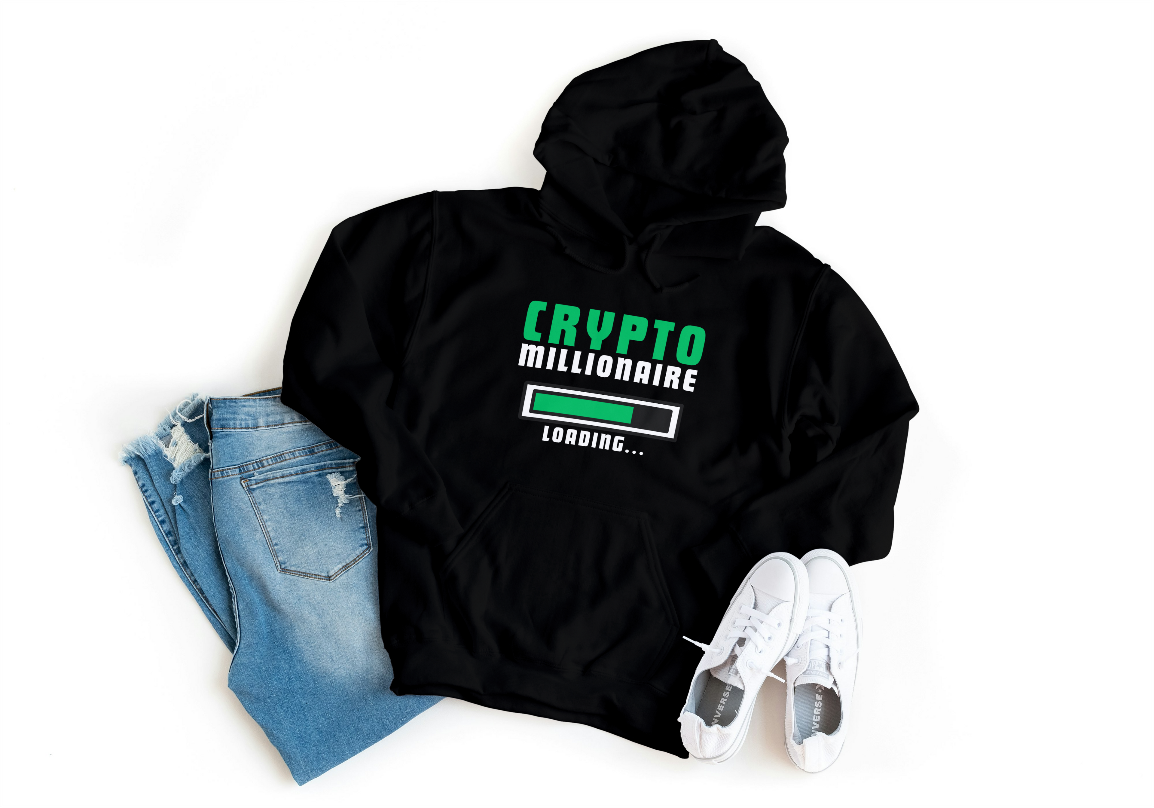 Black hoodie with 'Crypto Millionaire Loading' text, paired with jeans and sneakers on a white background