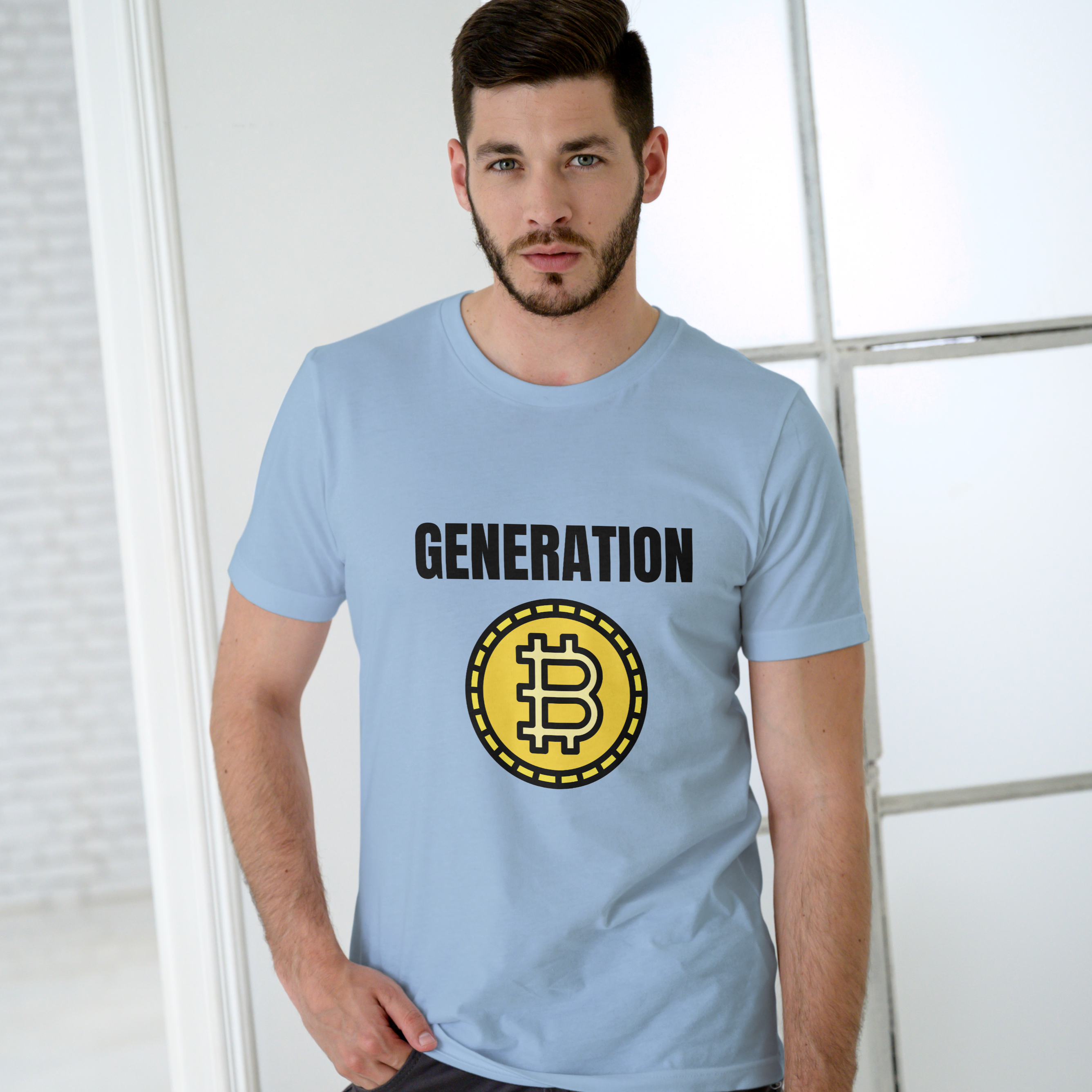 Man wearing a light blue t-shirt with 'Generation Bitcoin' design.