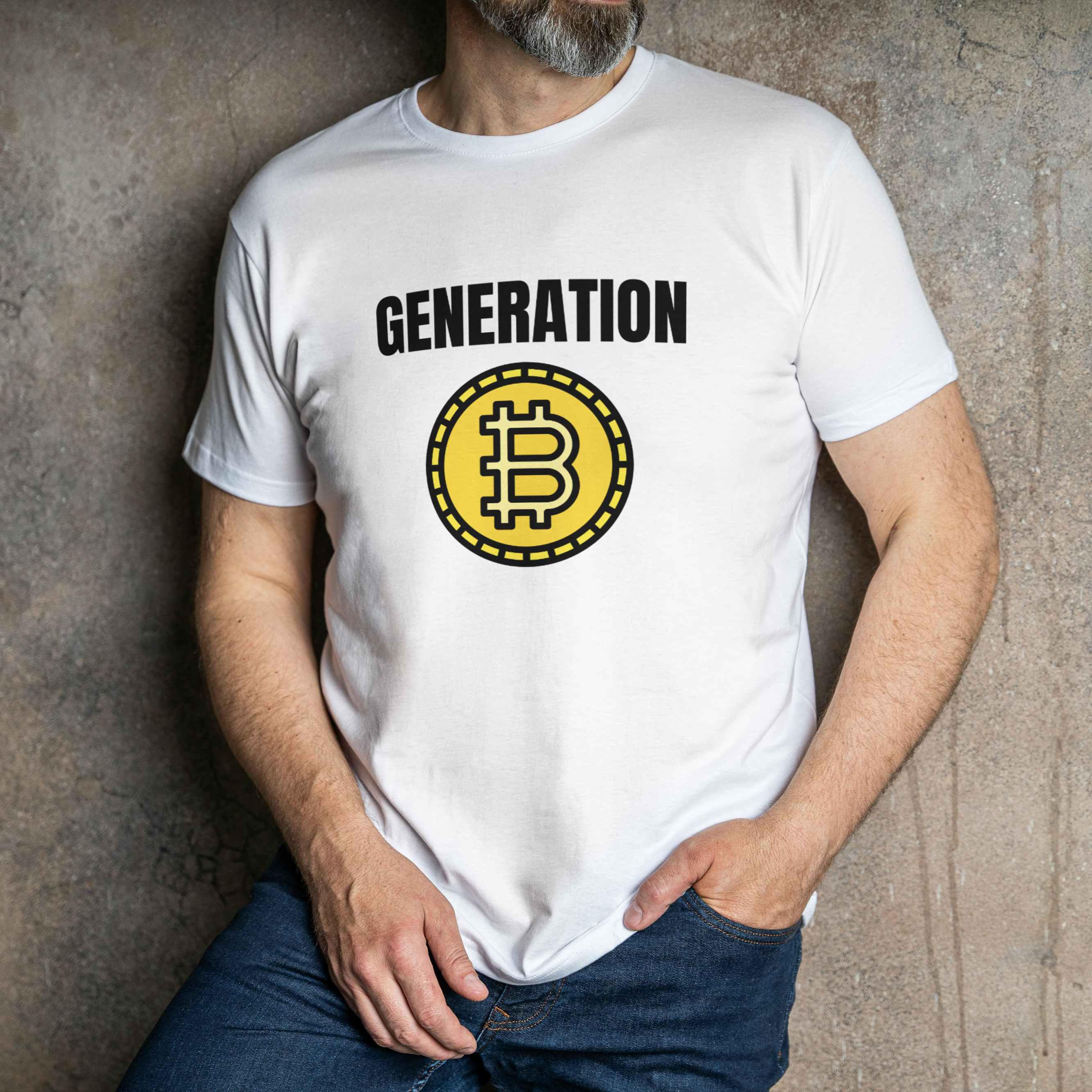 Person wearing a white t-shirt with 'Generation Bitcoin' design against a textured wall.