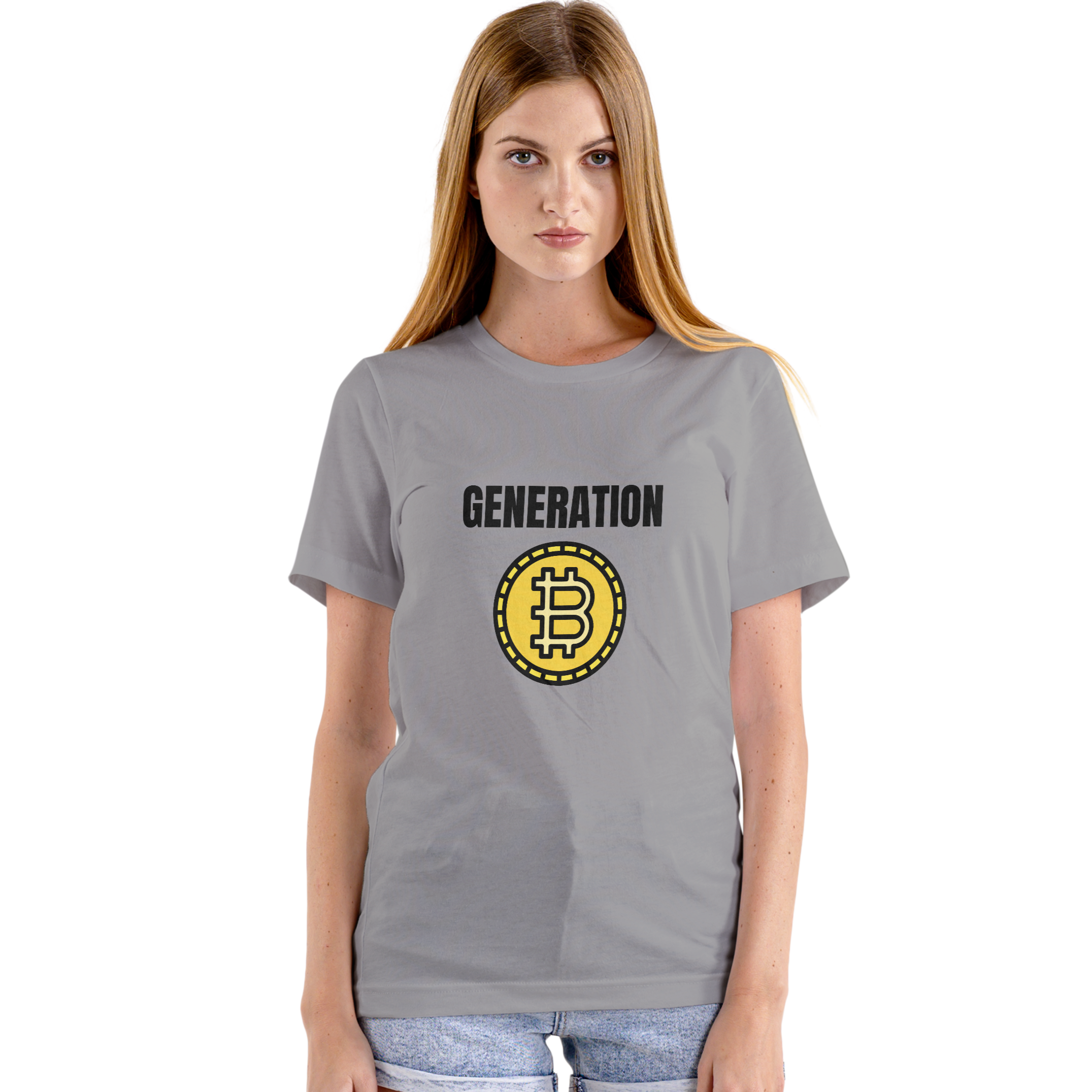 Woman wearing a gray t-shirt with 'Generation' logo on a white background