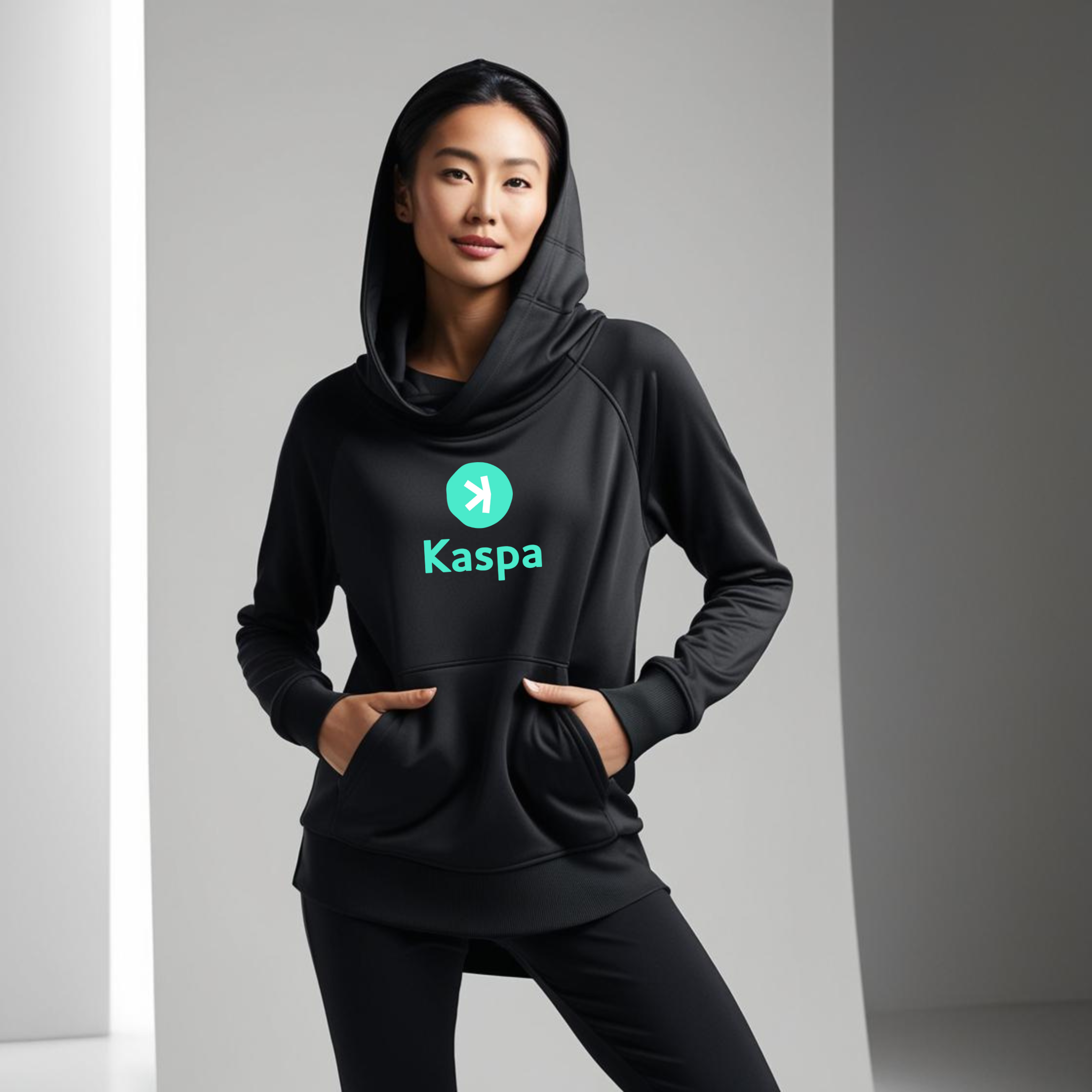 Person wearing a black hoodie with 'Kaspa' logo on a gray background