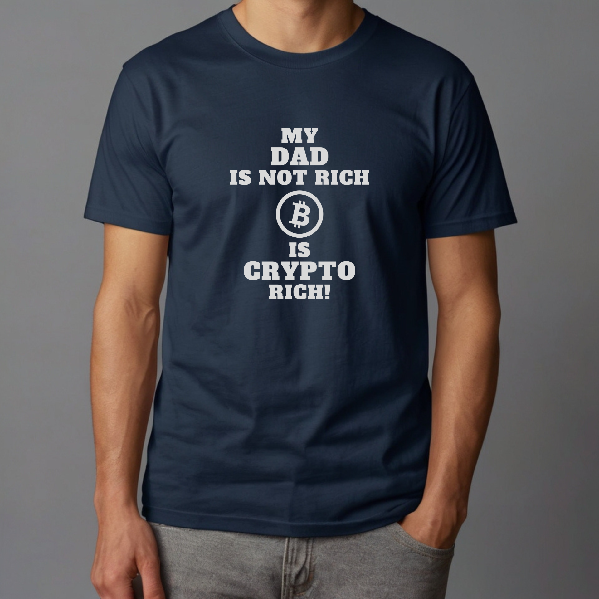 Navy blue t-shirt with white text and Bitcoin symbol on a gray background