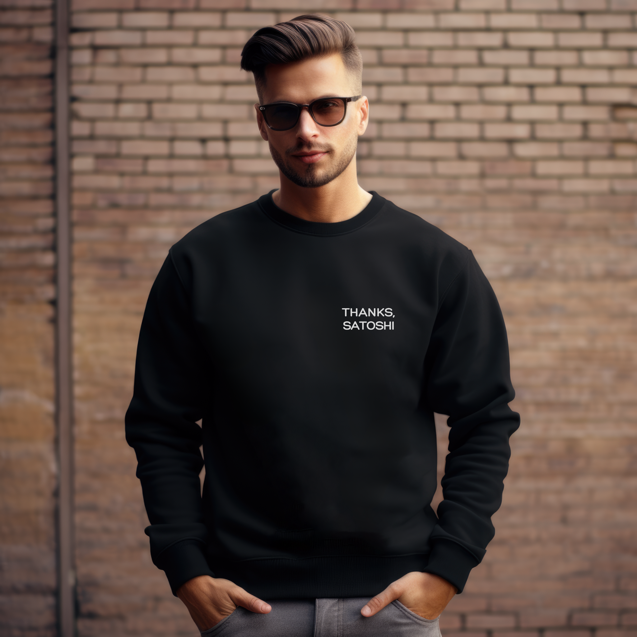 Man wearing a black sweatshirt with 'THANKS, SATOSHI' text against a brick wall.