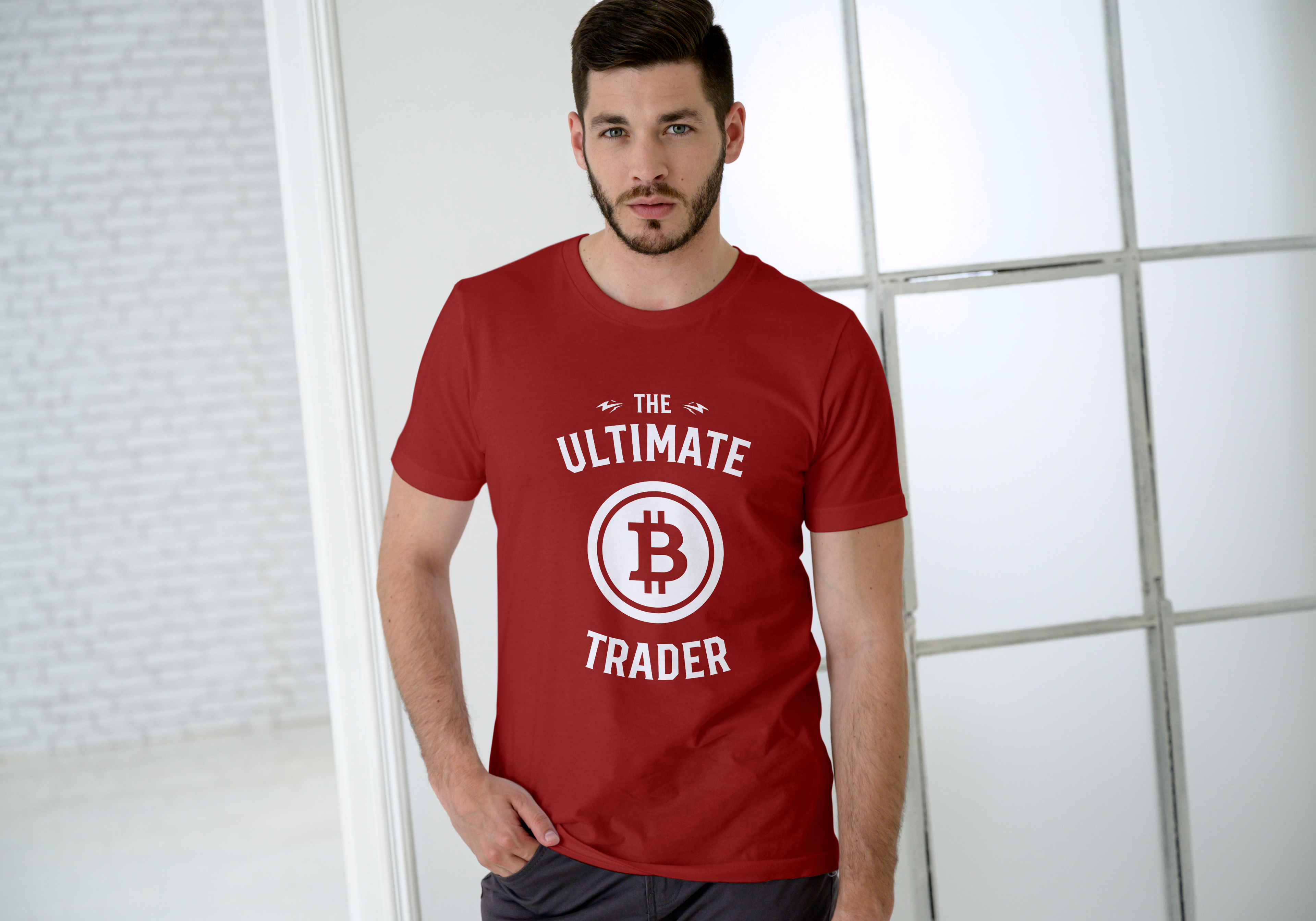 Man wearing a red t-shirt with 'The Ultimate Bitcoin Trader' design.