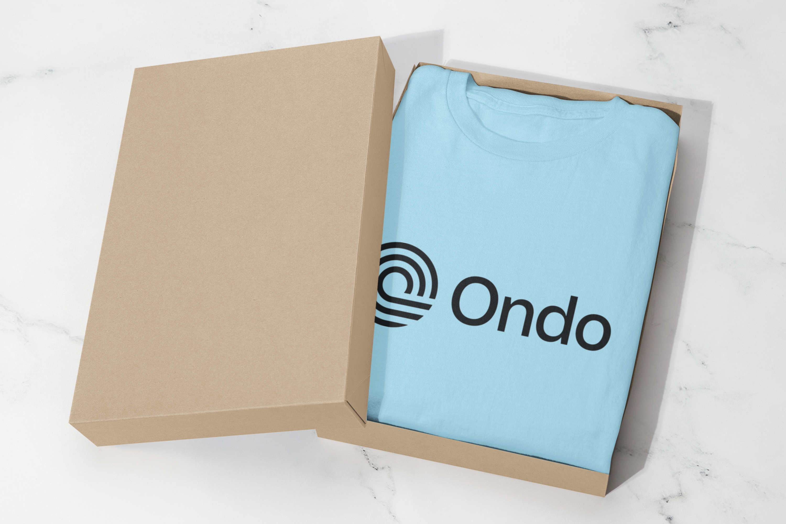 Light blue t-shirt with 'Ondo' logo in a cardboard box on a white background