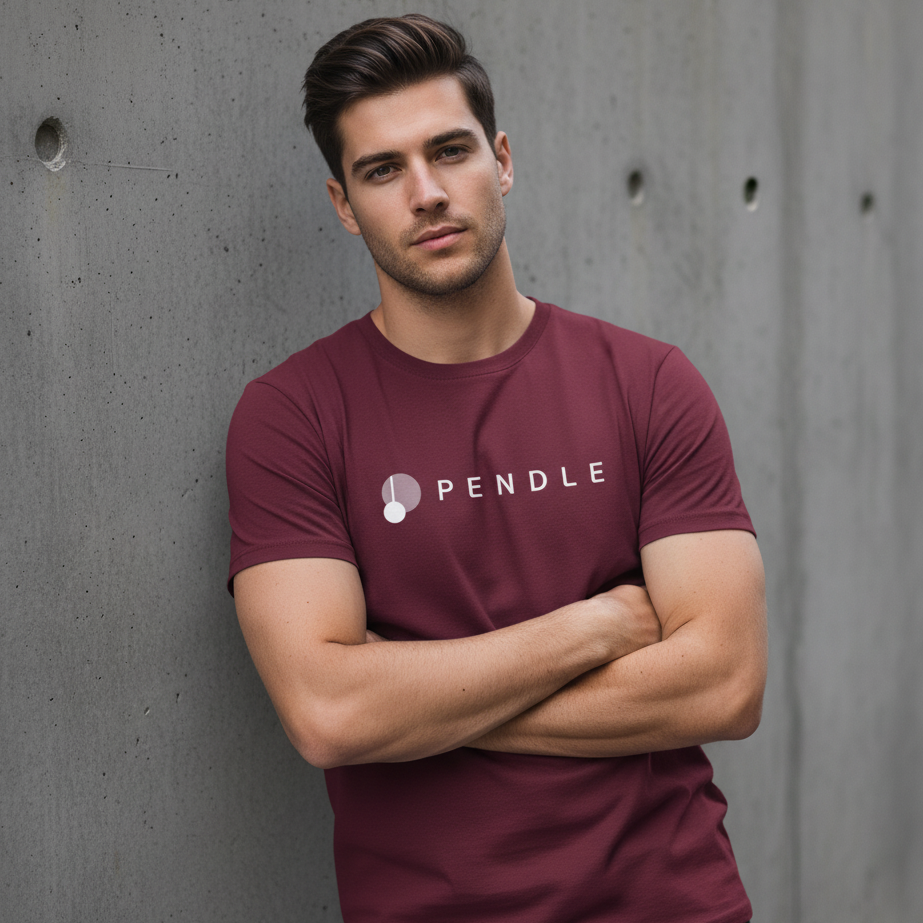 Man wearing a maroon t-shirt with 'Pendle' logo against a concrete wall
