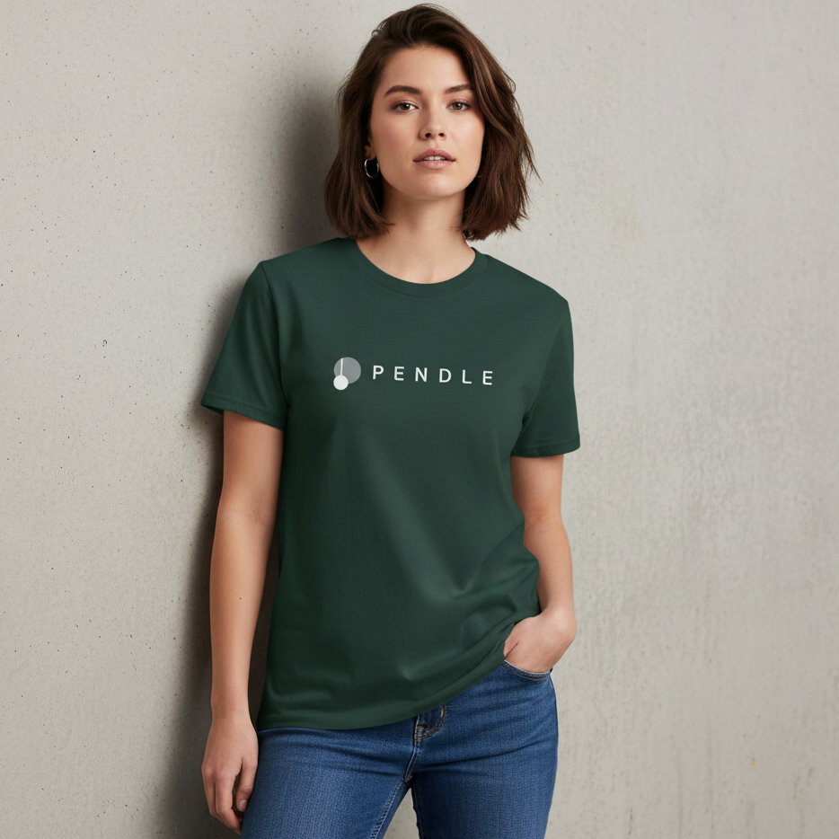 Woman wearing a green t-shirt with 'Pendle' logo against a plain background