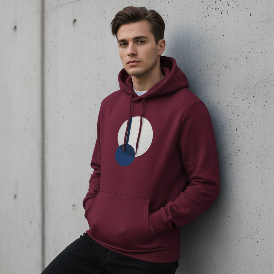 Man wearing a maroon hoodie with a graphic design against a concrete wall
