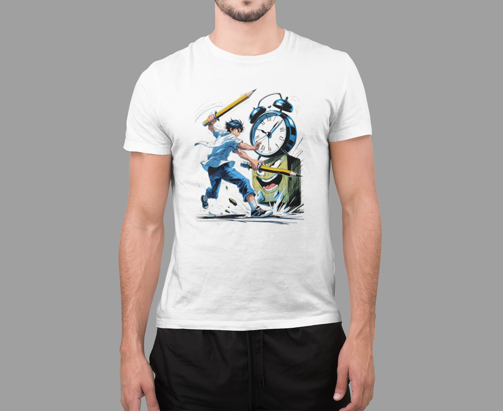 Person wearing a white t-shirt with a graphic design on a gray background