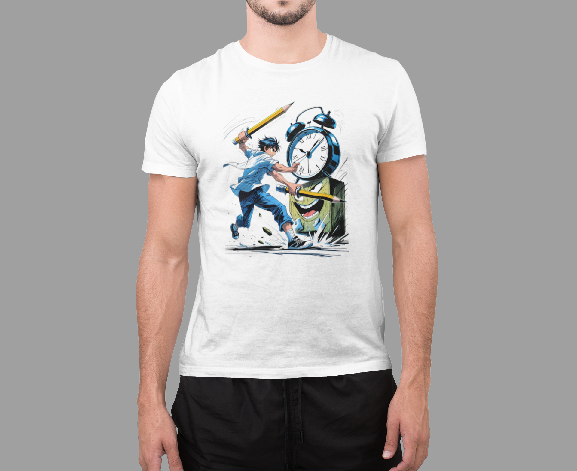 Person wearing a white t-shirt with a graphic design on a gray background