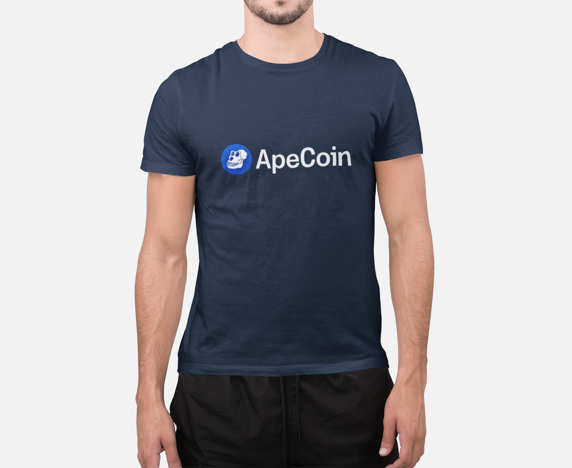 Person wearing a navy blue t-shirt with 'ApeCoin' logo on a white background