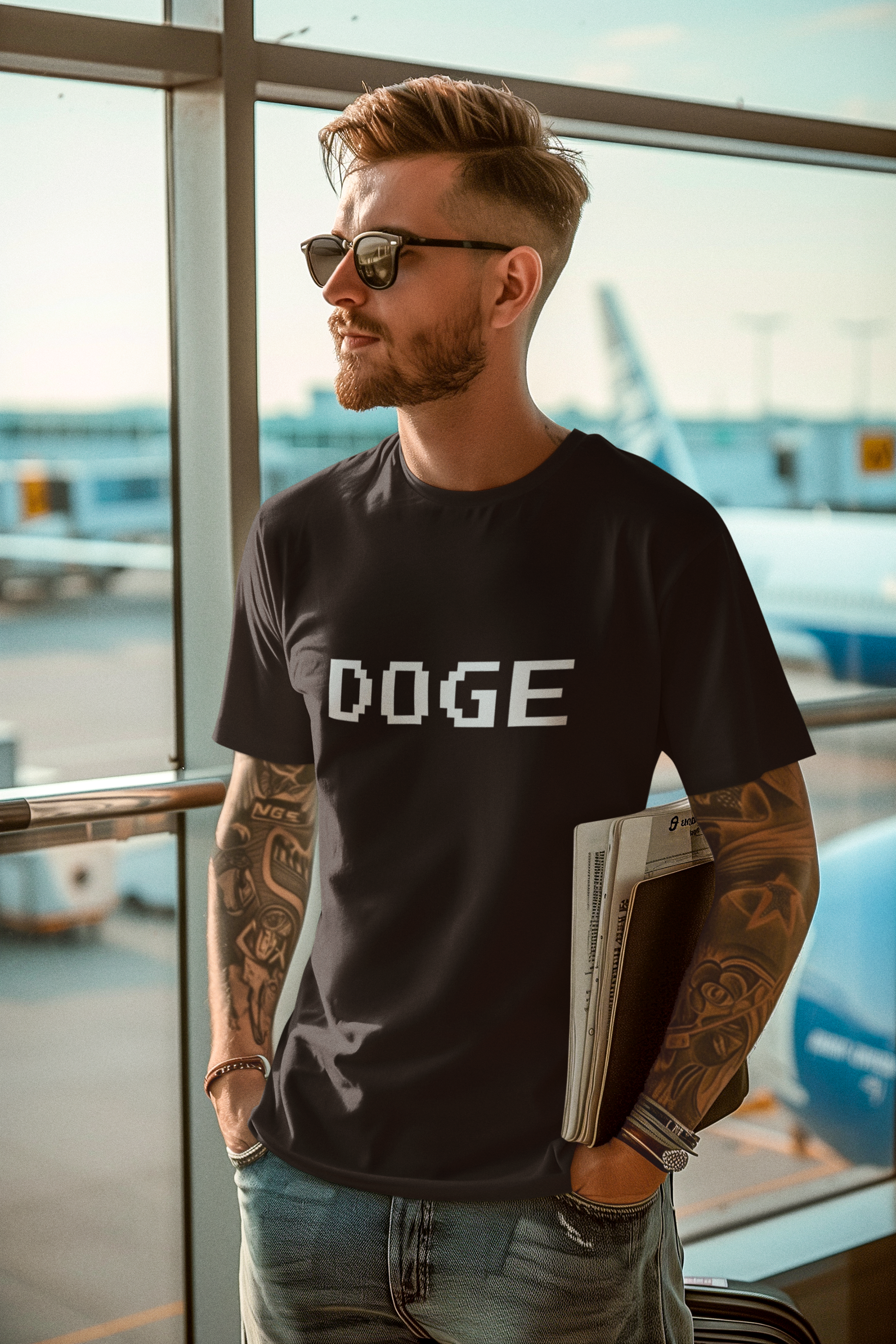 Man wearing a black t-shirt with 'DOGE' printed on it at an airport.
